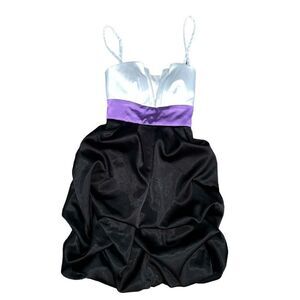 IZ BYER DRESS Color Block Junior Ruffle White Purple Black Tie Back Dress Size 5